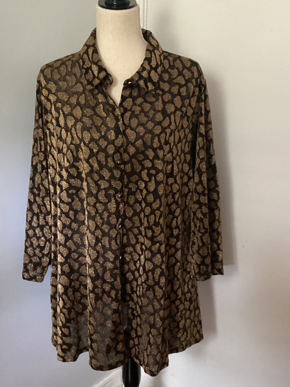 Y2K MELISSA PAIGE 1X BUTTON FRON TBLOUSE TUNIC ABSTRACT ANIMAL PRINT GOLD LUREX